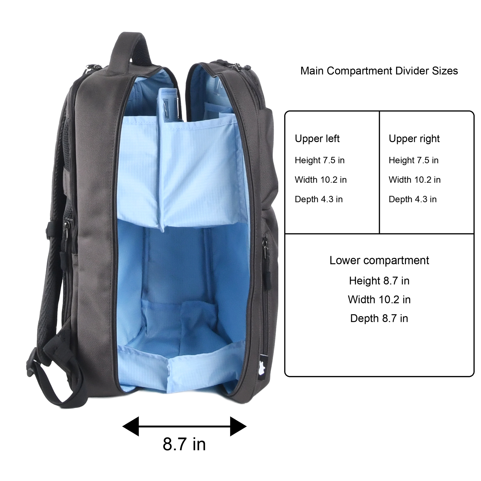 KABAG ADHD Large Charcoal Compartment Size Chart US