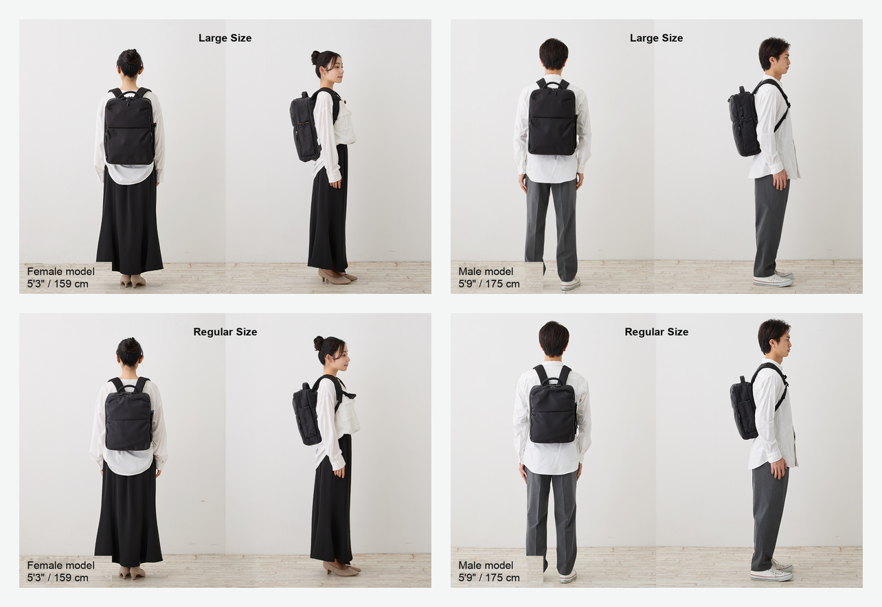Model size guide comparing Regular and Large KABAG backpacks on female and male models.