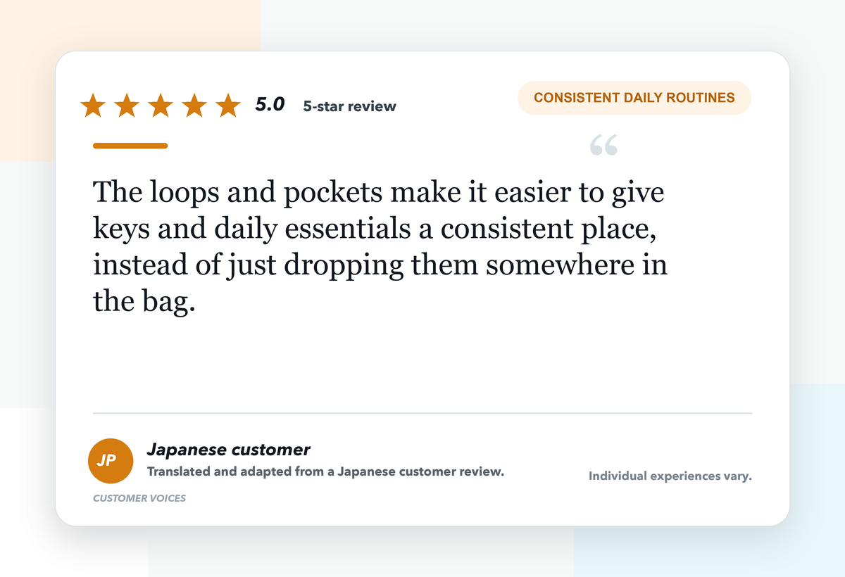 Five-star Japanese customer review about loops and pockets making daily essentials easier to return to a consistent place.