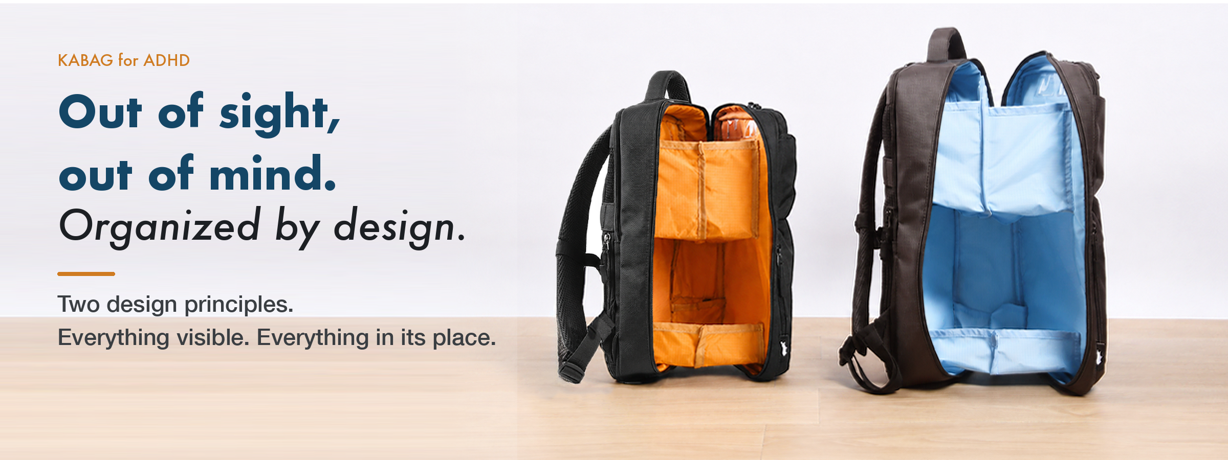 KABAG for ADHD visual organization backpack with visible two-tier interior compartments.